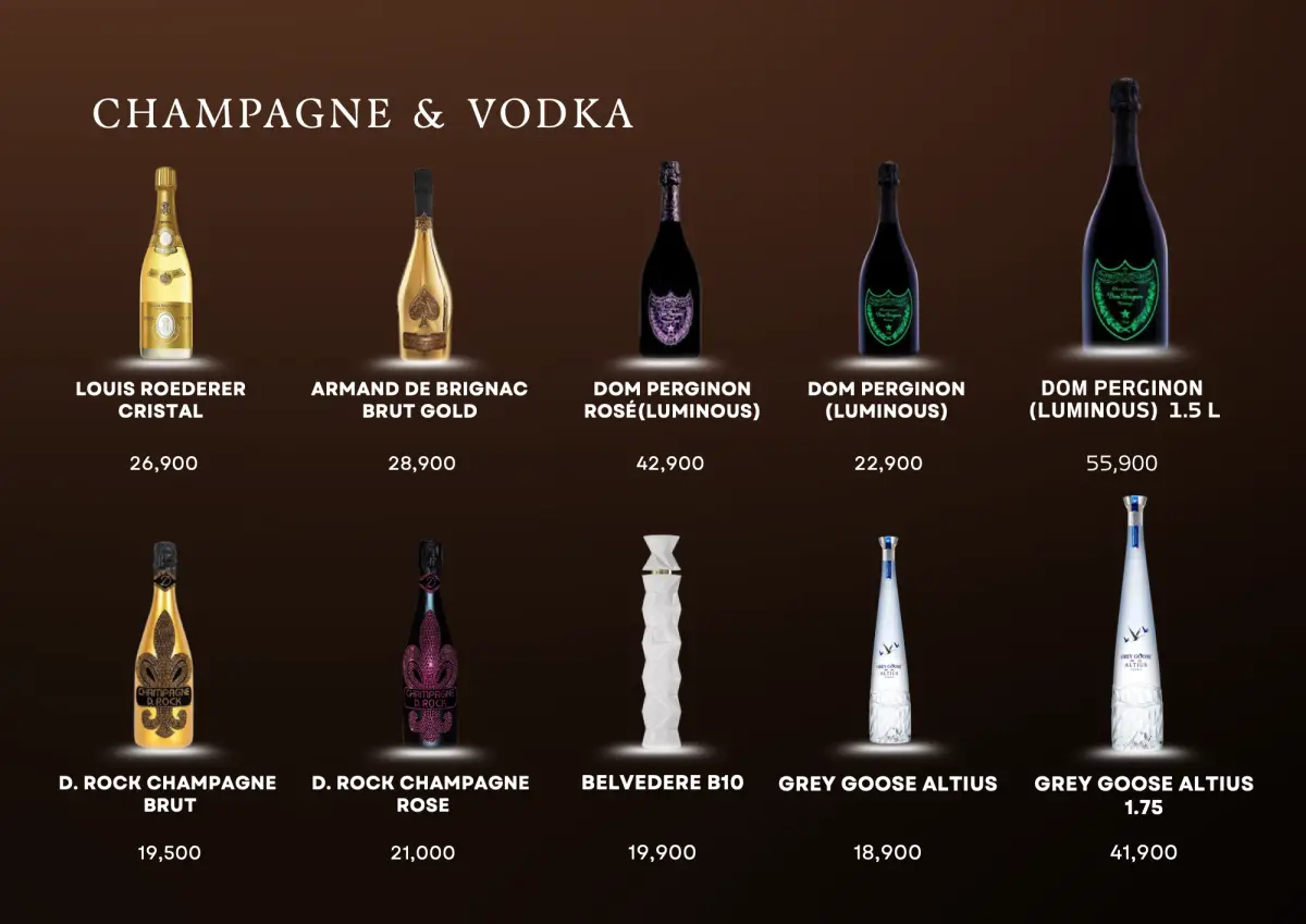 Champagne and vodka bottles with prices.