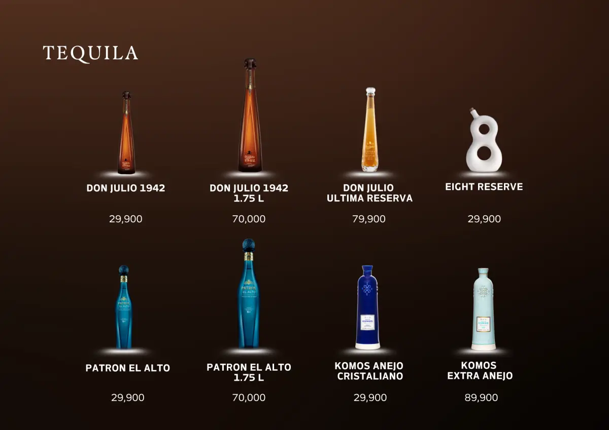 Tequila bottles with prices.