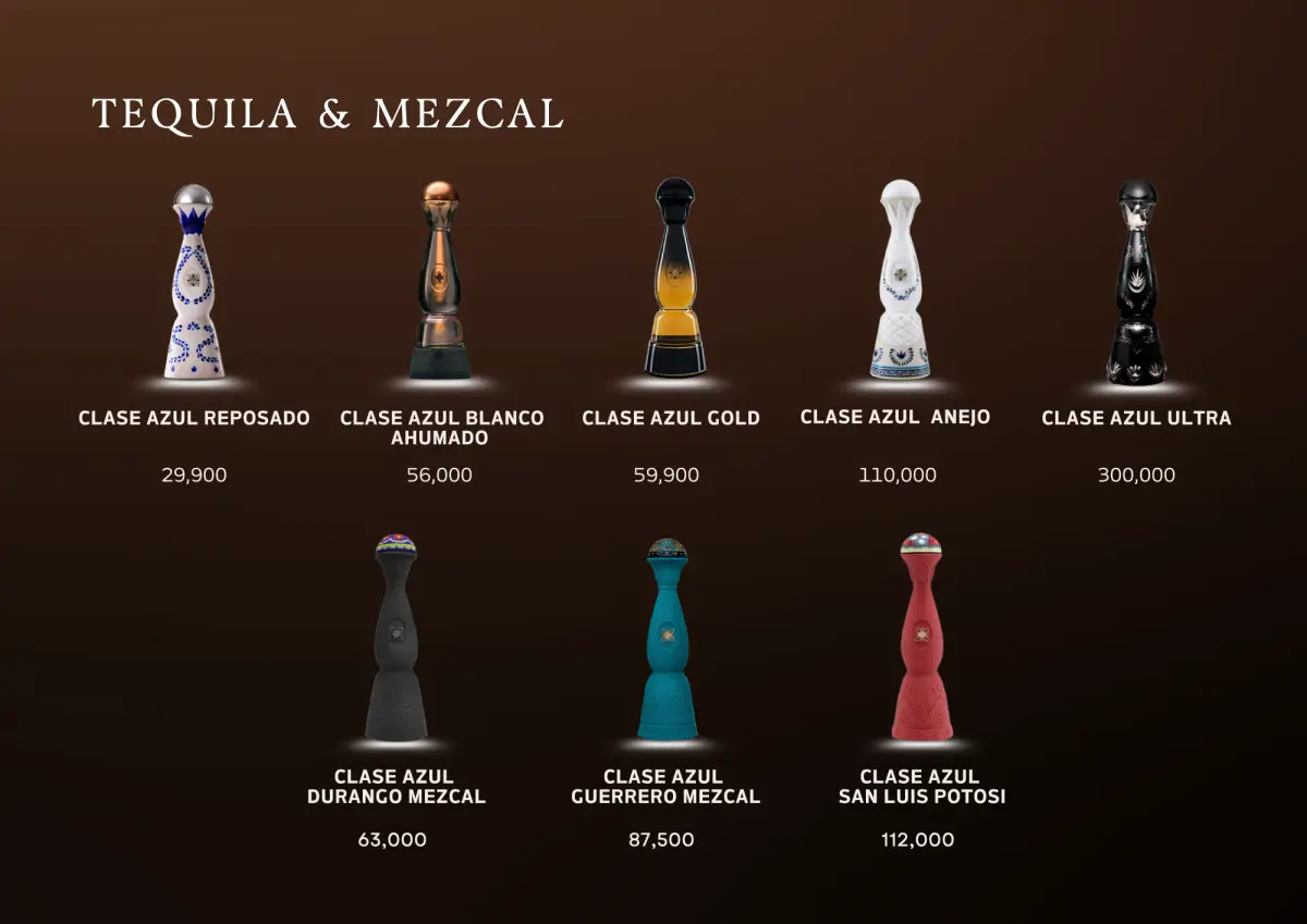 Tequila and mezcal bottles with prices.
