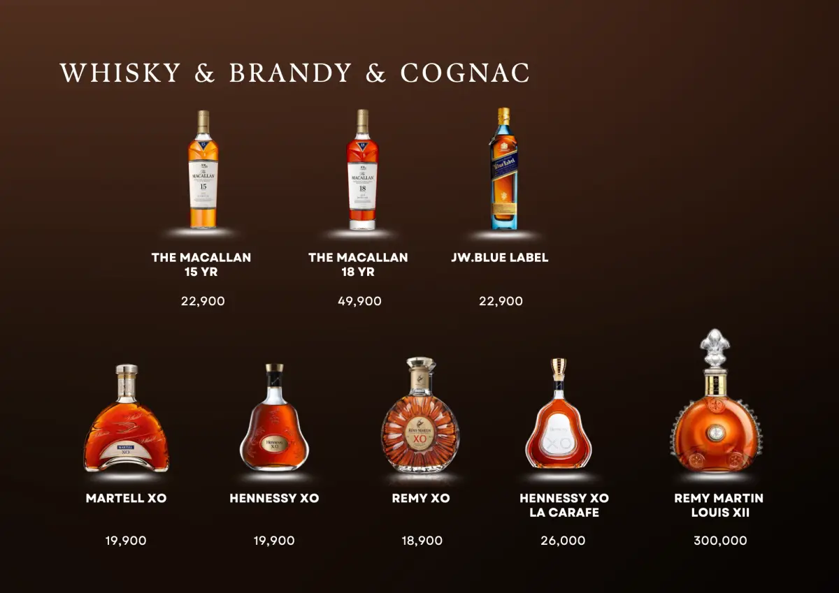 Whisky, brandy and cognac bottles with prices.
