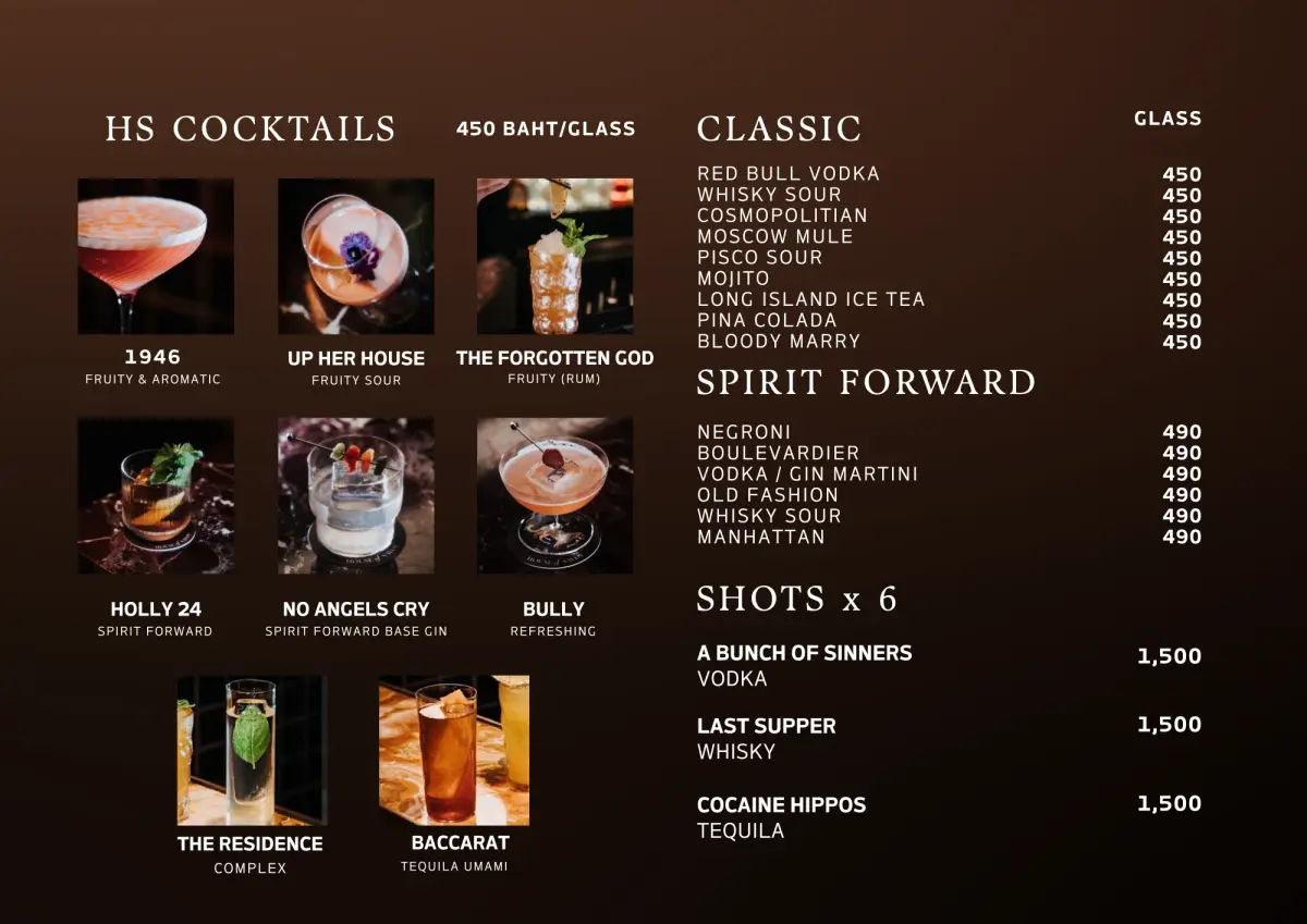 House of Savoy cocktails, classic cocktails, spirit-forward drinks and shots, with prices.