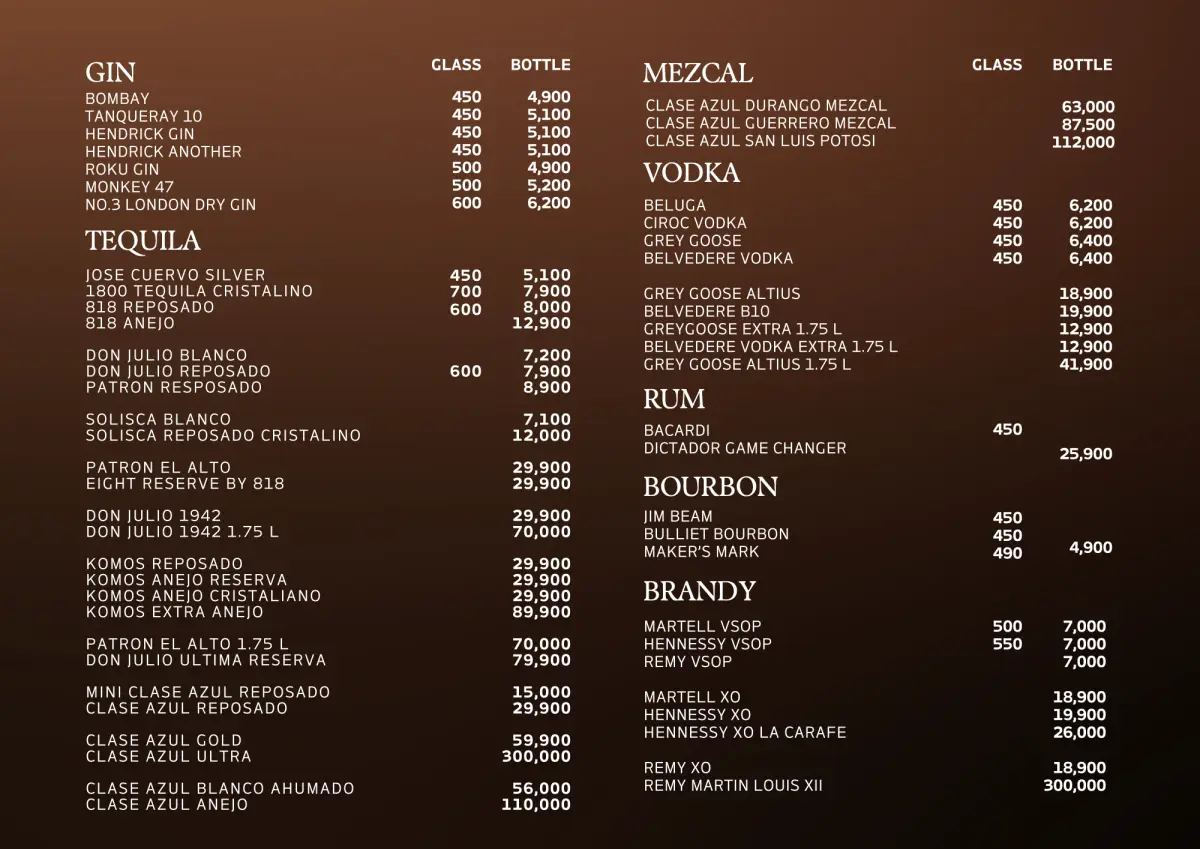 Price list: gin, tequila, mezcal, vodka, rum, bourbon and brandy by the glass and bottle.