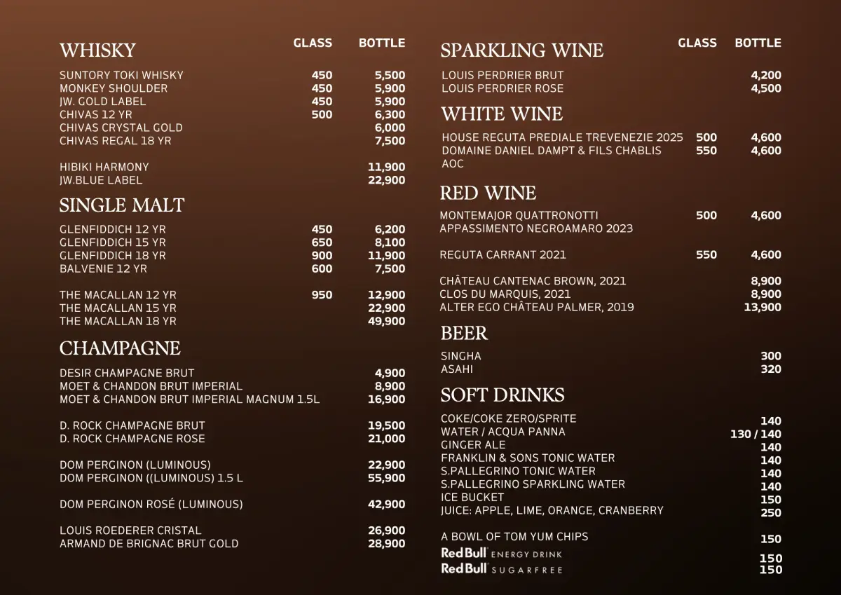 Price list: whisky, single malt, champagne, wine, beer and soft drinks.