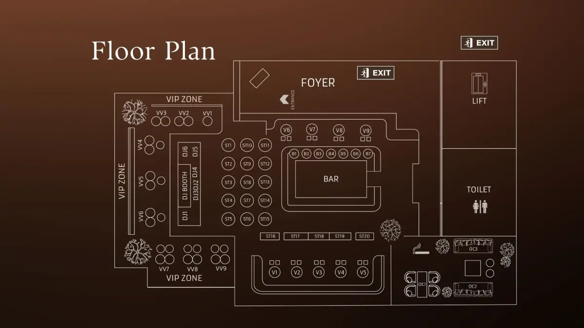 House of Savoy floor plan: foyer and entrance by the lift, VIP zones with lounge tables VV1–VV9 and tables V1–V9, standing tables ST1–ST20 in front of the DJ booth, DJ1–DJ6 beside it, bar seats B1–B7 around the bar, smoking area with OC1–OC3, toilets and exits.