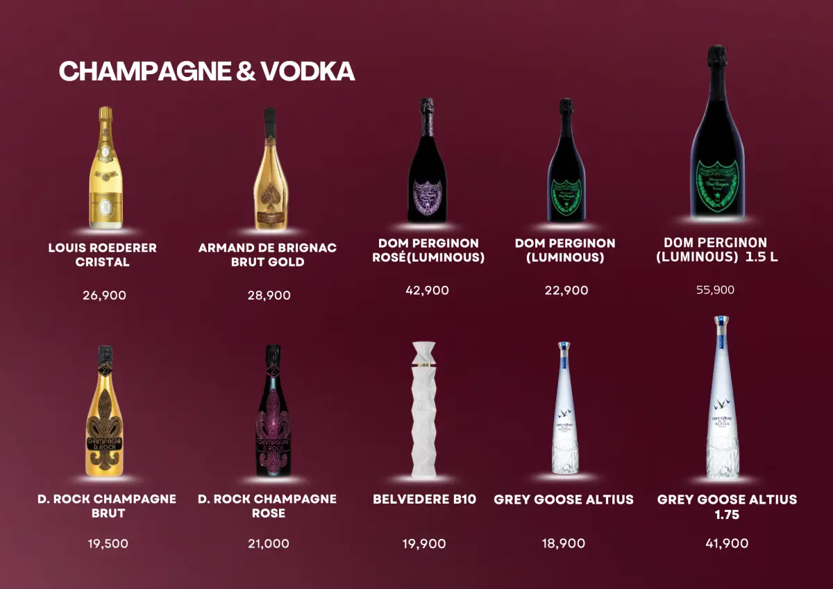 Champagne and vodka bottles with prices.