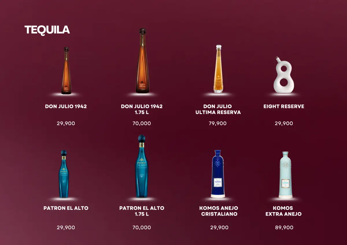 Tequila bottles with prices.