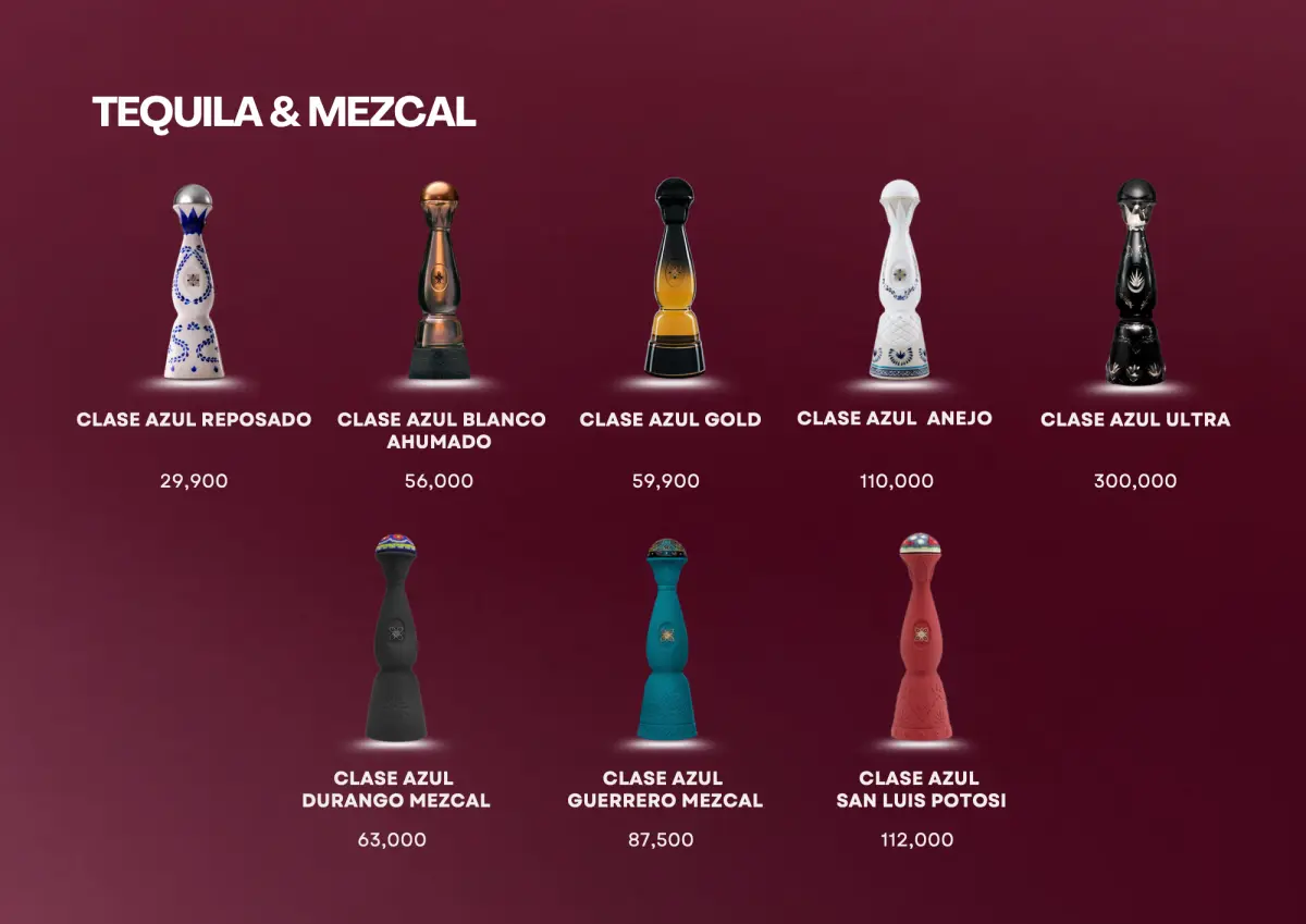 Tequila and mezcal bottles with prices.
