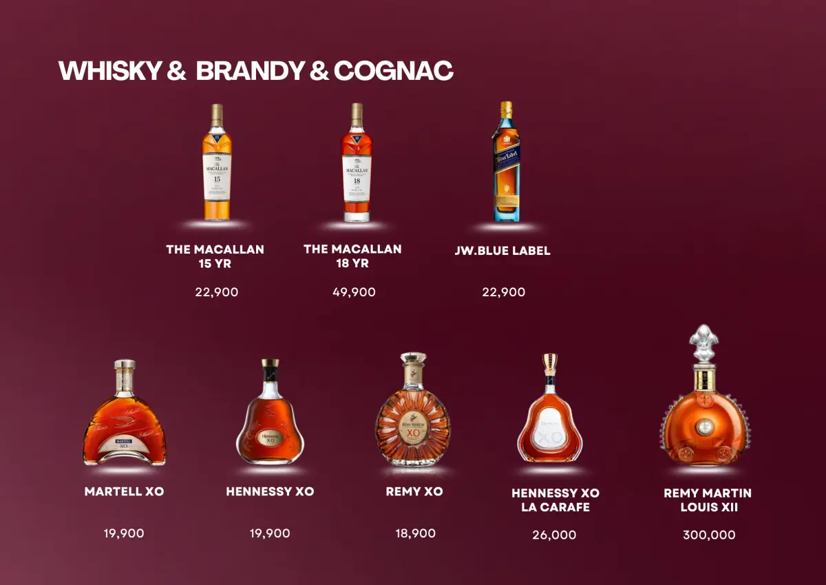 Whisky, brandy and cognac bottles with prices.