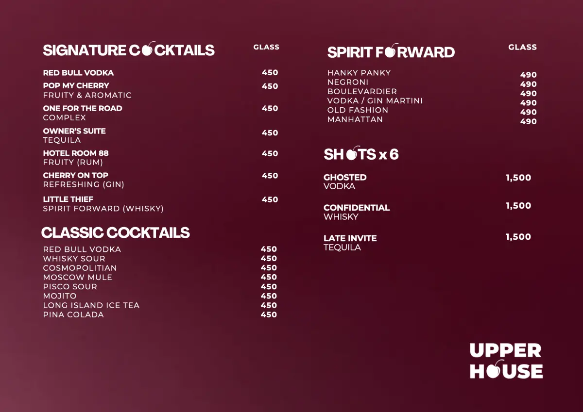 Signature and classic cocktails, spirit-forward drinks and shots, with prices.