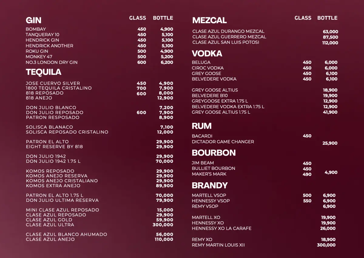 Price list: gin, tequila, mezcal, vodka, rum, bourbon and brandy by the glass and bottle.