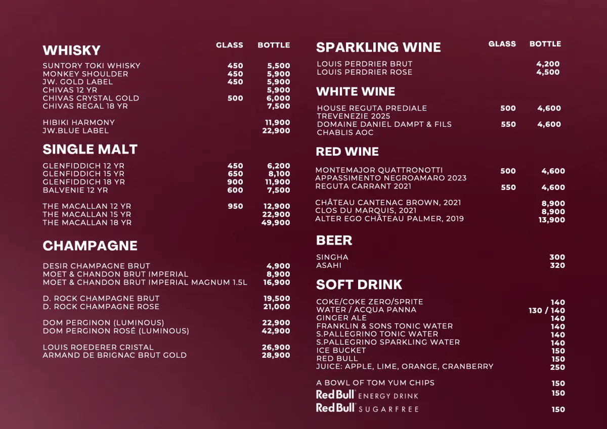 Price list: whisky, single malt, champagne, wine, beer and soft drinks.